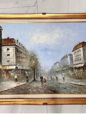 Vintage-Style Cityscape Oil Painting in Blue and Brown 42x29